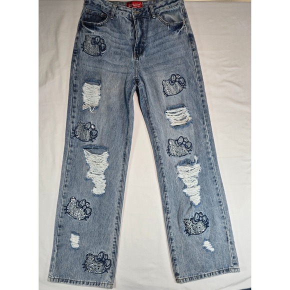 Forever 21 Denim - Forever 21 Hello Kitty Distressed Rhinestone Straight Leg Jeans Light Wash 29